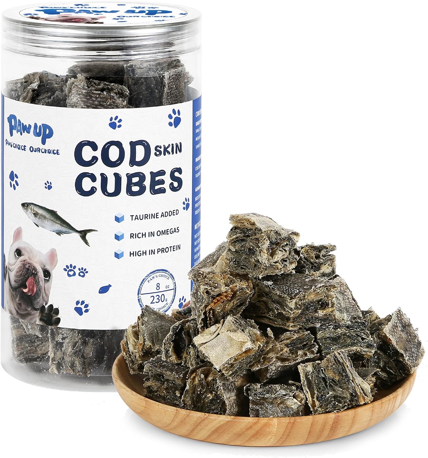 Cod Skin Cubes Dog Treat, Chew Fish Skins Rolls w/Taurine, One-Ingredient Grain Free Healthy Dog Treat, Rich in Omega3, 8 oz
