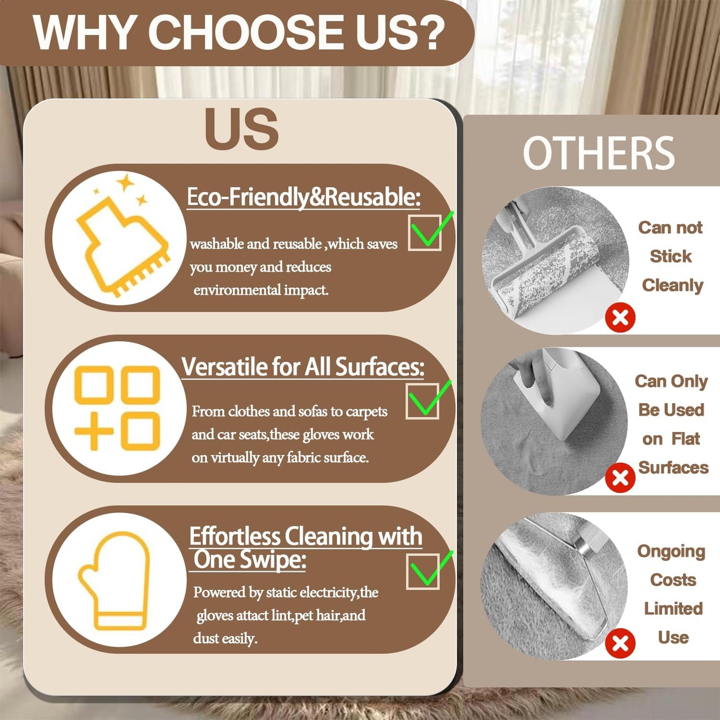 Upgraded Pet Hair Remover Glove - Reusable Electrostatic Five-Finger Gloves for Cat/Dog Hair Removal on Furniture, Carpet & Clothes