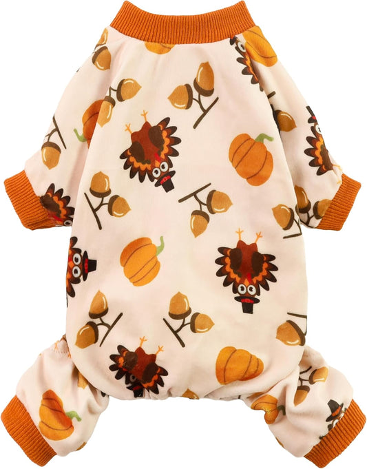 Fitwarm Thanksgiving Turkey Dog Pajamas, Funny Dog Winter Clothes for Small Dogs Girl Boy, Pet Jumpsuit, Cat Onesie with Feet, Lightweight Velvet, Orange, Medium