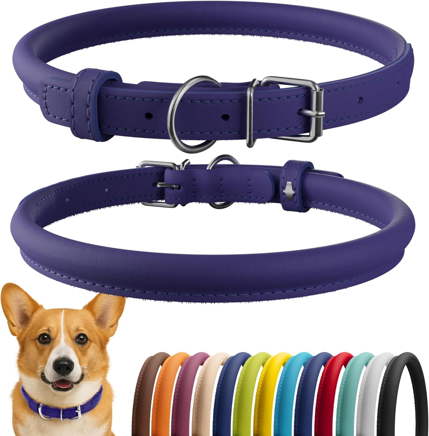 CollarDirect Rolled Leather Dog Collar, Soft Padded Round Puppy Collar, Handmade Genuine Leather Collar Dog Small Large Cat Collars 13 Colors (13-16 Inch, Purple Smooth)
