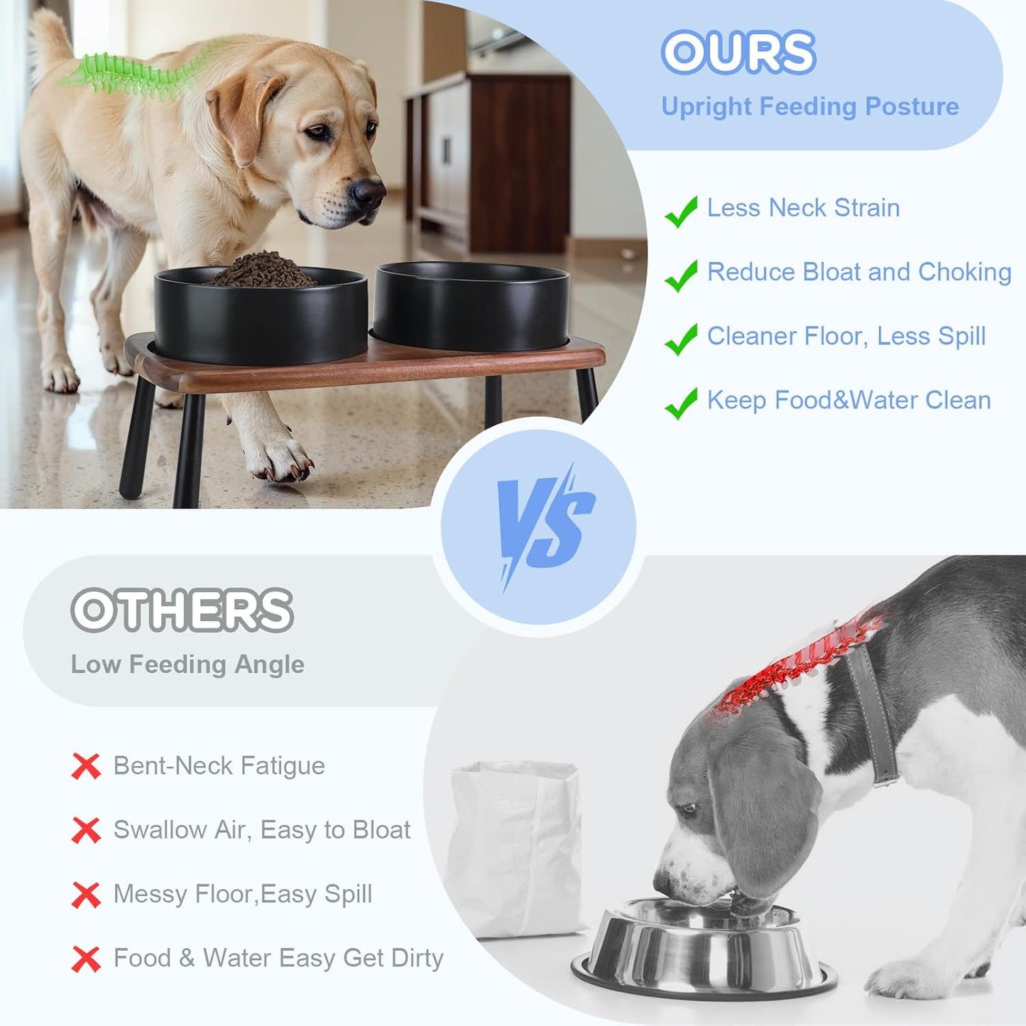 SPUNKYJUNKY Ceramic Elevated Dog Bowls Raised with Acacia Bamboo Wooden Stand, 8.3'' Dog Food Water Bowls Set Non-Slip for Medium Large Sized Breed Microwave Dishwasher Safe - 60 OZ,Black