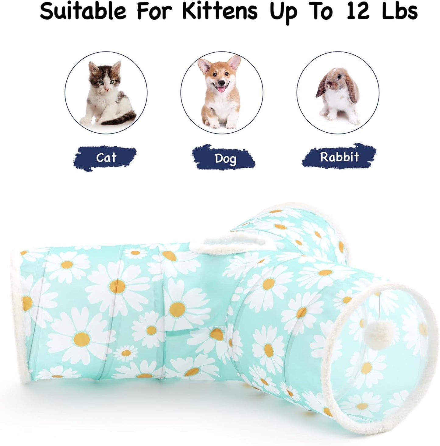 Tempcore Pet Cat Tunnel Tube Cat Toys 3 Way Collapsible, Cat Tunnels for Indoor Cats，Kitty Tunnel Bored Pet Toys Peek Hole Toy Ball, Puppy, Kitty, Kitten, Rabbit Daisy Blue Printed