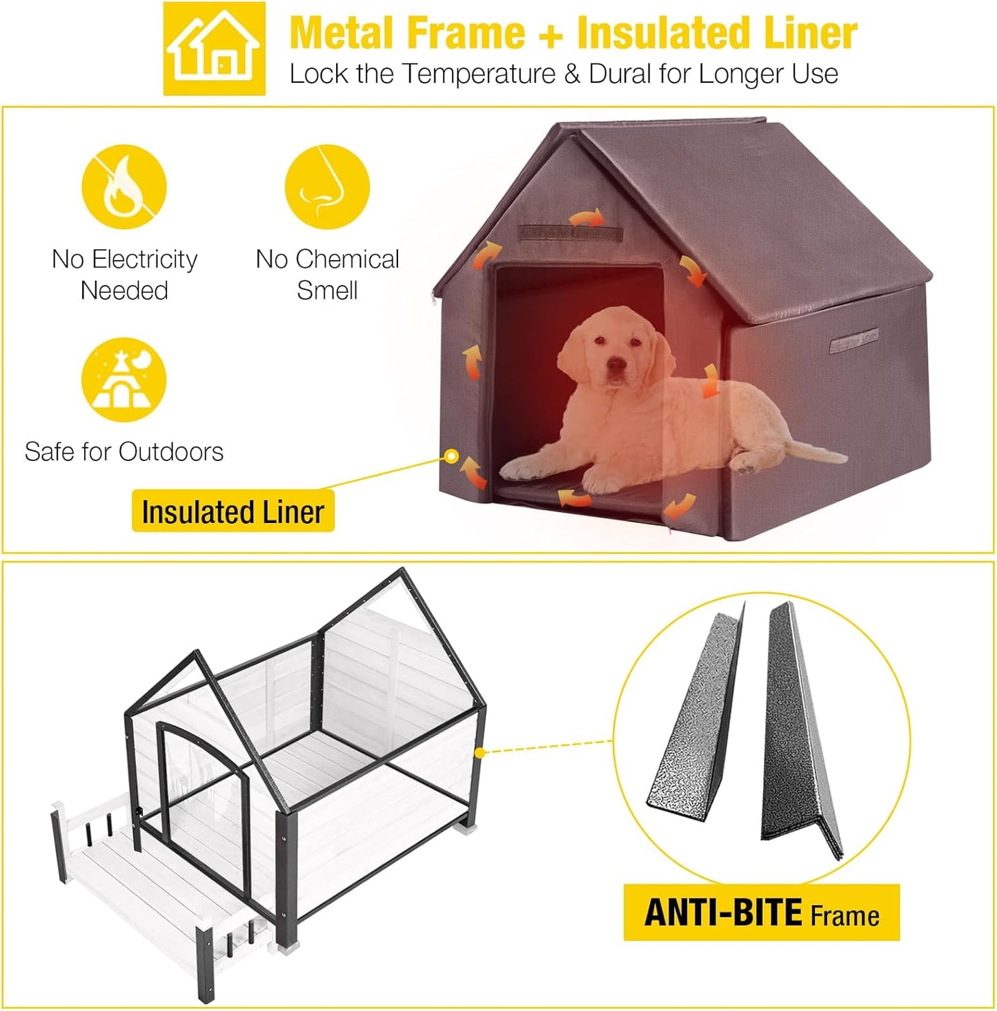Aivituvin Dog House Outdoor With Metal Frame, Insulated Dog Kennel Outside for Small To Medium Breed, 45" Weatherproof Large Dog Shelter with Anti-Chewing Iron Frame, White (45" D x 32.9" W x 32.6" H)