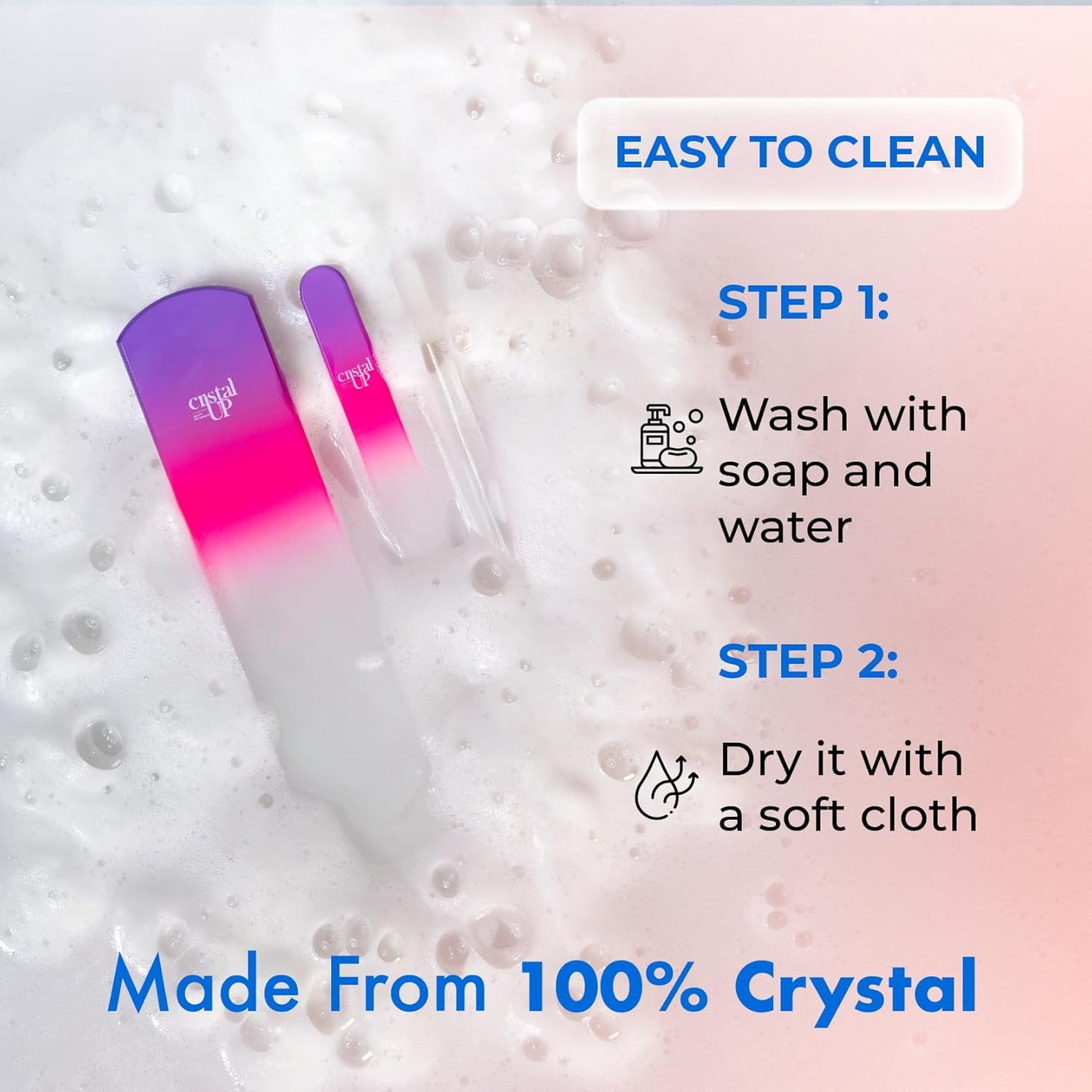 Starter Crystal Care Set - 3PC Includes Glass Foot Scraper, Medium Crystal File, and Cuticle Stick for Natural Nails, Glass File Kit