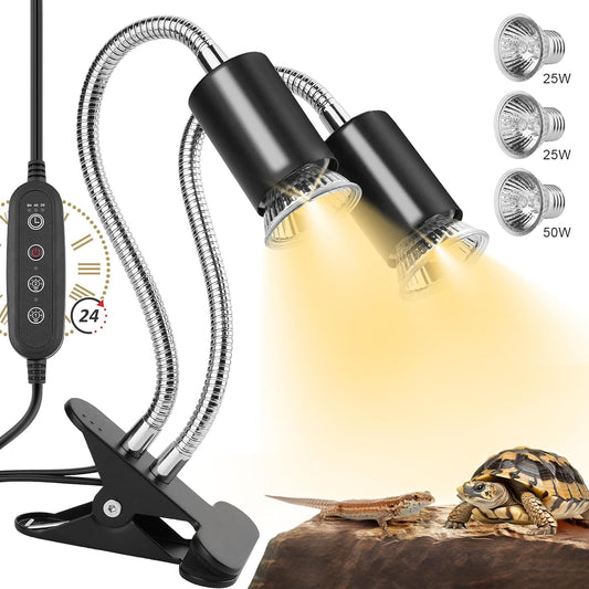 Reptile Heat Lamp, Dual-Head UVA UVB Reptile Light, Heating Lamp with Cycle Timer, Heat Lamp for Reptiles Bearded Dragon Turtle Crab Snake Lizard, Separate Control, 3 Basking Bulbs Light