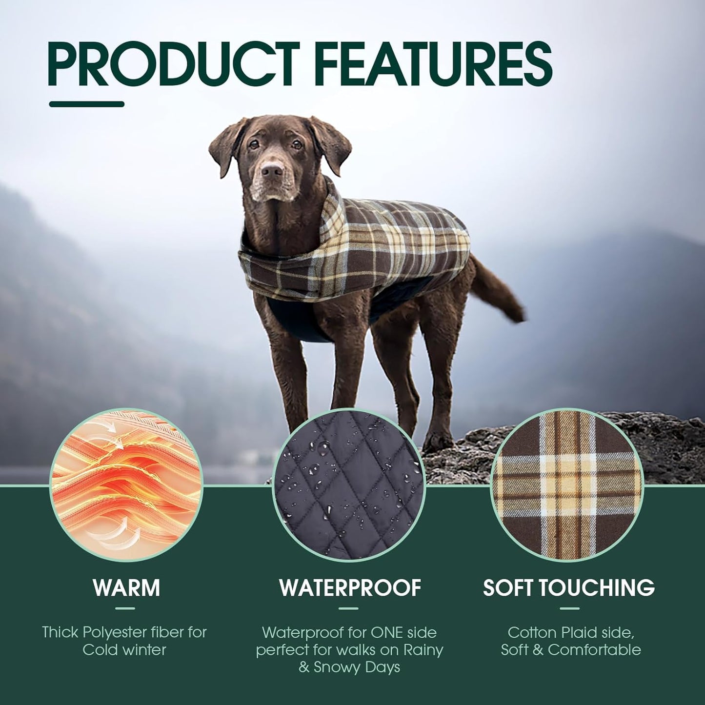 Kuoser Waterproof Dog Coat, Reversible Dog Jacket for Large Dogs, Adjustable Durable Doggie Winter Coat for Groowing Puppies Warm Puppy Cold Weather Apparel, New Brown L