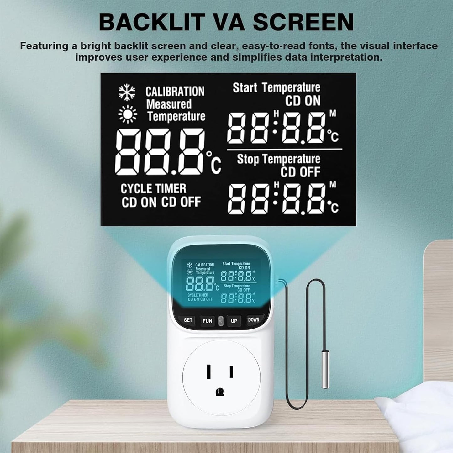 KABASI Digital Temperature Controller, Only Fahrenheit Dispaly Heavy Duty 15A Thermostat Outlet with Sensor, Heating Cooling Control Timer Plug Socket for Greenhouse Refrigerator Terrarium Aquarium
