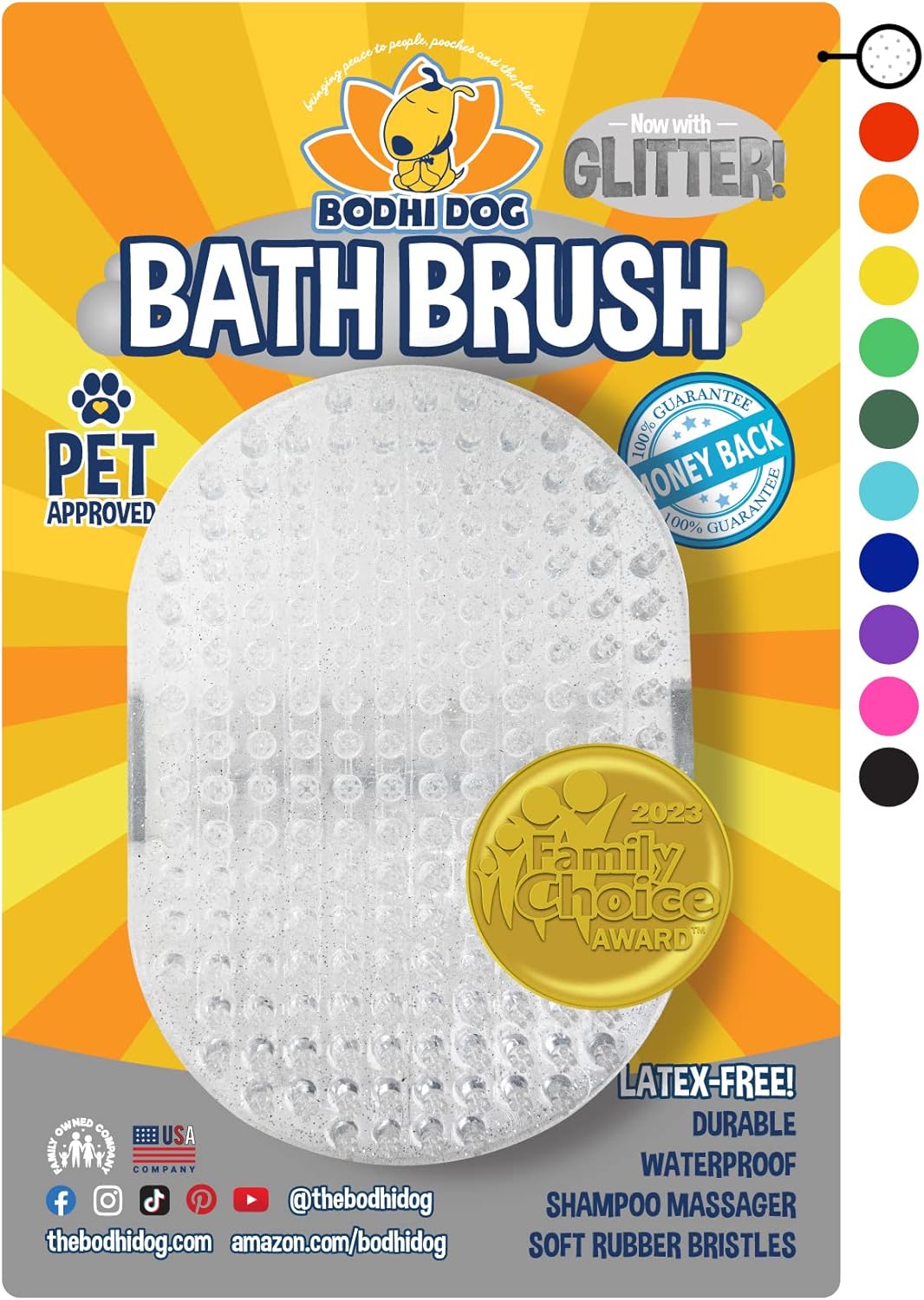 Bodhi Dog Shampoo Brush - Pet Grooming & Bath Supplies for Dogs and Cats - Bath Brush for Long & Short Hair - Premium Scrubber for Shower, Bathing & Massage (One Pack, Silver Glitter)