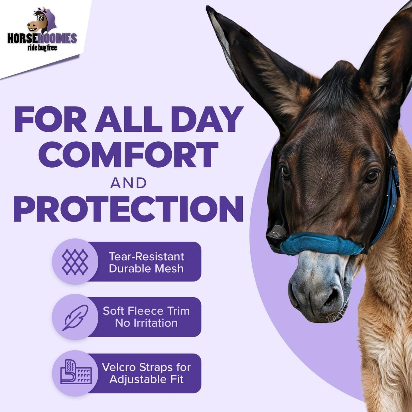 Donkey Fly Mask with Long Ears (Purple) Half Hoodie for Standard Donkey, Made in USA - Mule Fly Mask with Ears Protection from Insects and Bugs, Face Cover Soft Mesh Fabric with Adjustable Fastener