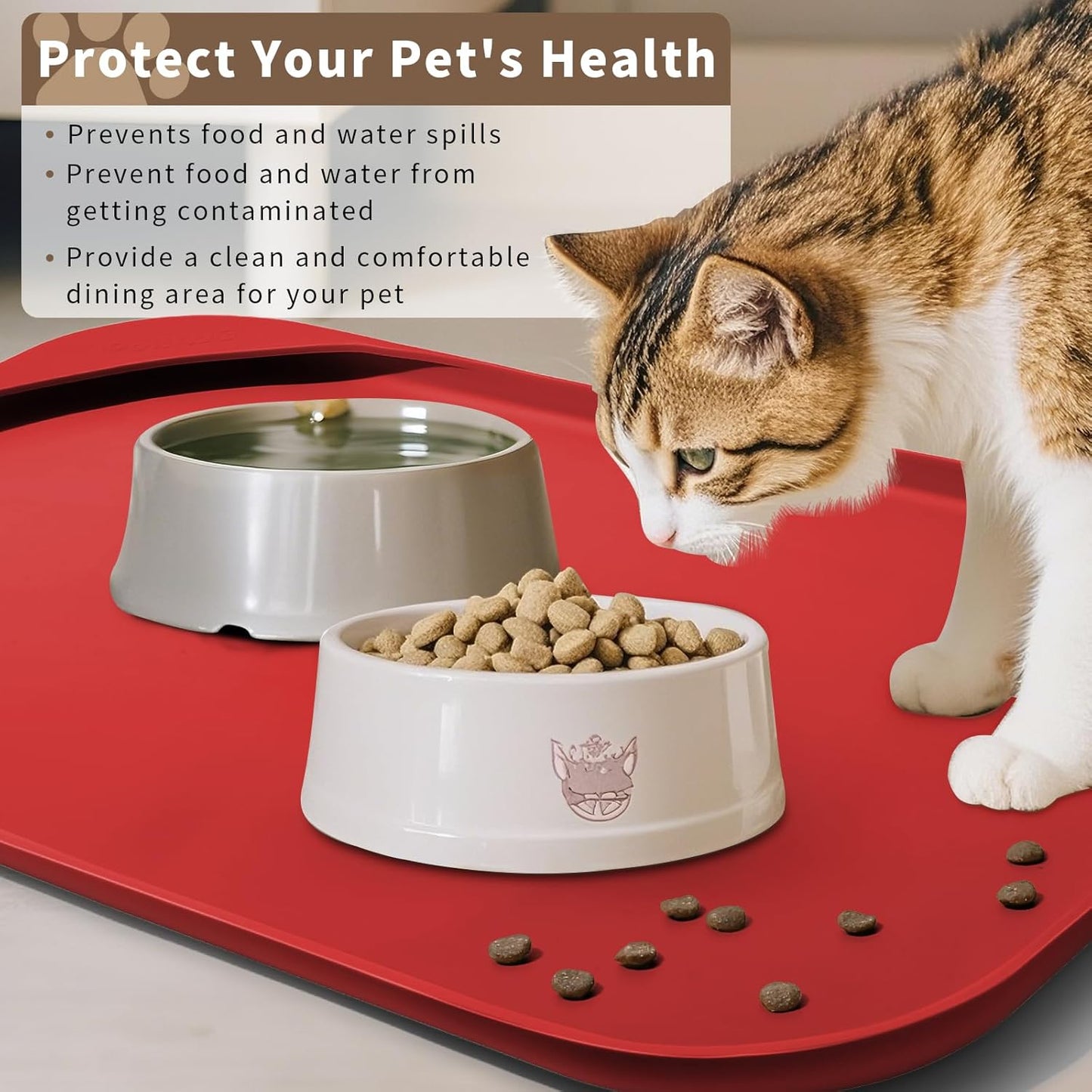 Silicone Pet Feeding Mat with Raised Edge & Residue Collection Pocket for Food and Water, Dog Bowl Mats, Cat Bowls Placemat with High Lip for Floor Waterproof, 24 x 16 x 0.8 Red