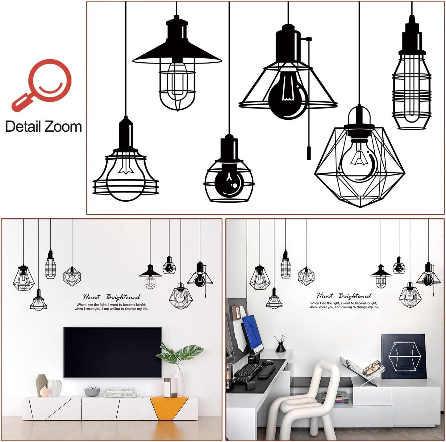 Removable 8pcs Hanging Black Vinyl Chandeliers Wall Sticker Quotes Heart Brightened Wall Decal DIY Peel and Stick Decor for Kids Boys and Girls Bedroom Living Room Studyroom Playroom Classroom