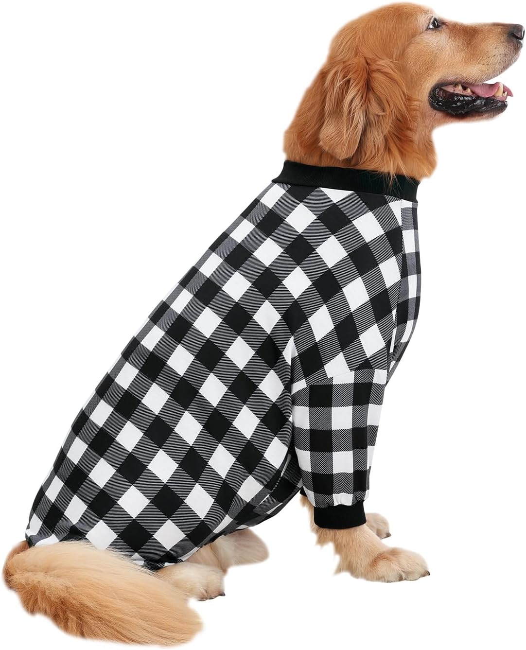 HDE Dog Pajamas One Piece Jammies Jumpsuit Pet Clothes Outfit Stretchy Lightweight Comfy Shirt Pjs for M-3XL Dogs Black & White Buffalo Plaid - M