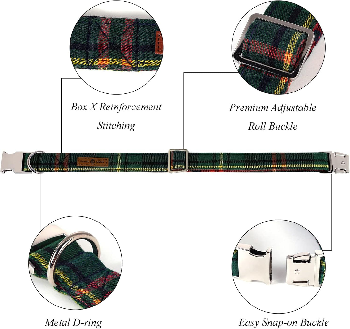 Lionet Paws Christmas Dog Collar with Bowtie Durable Adjustable Handmade Comfortable Bow Tie Dog Collar Green with Metal Buckle for Large Dogs,Girl Boy,Party,Festival,Holiday Style,Neck 16-24in