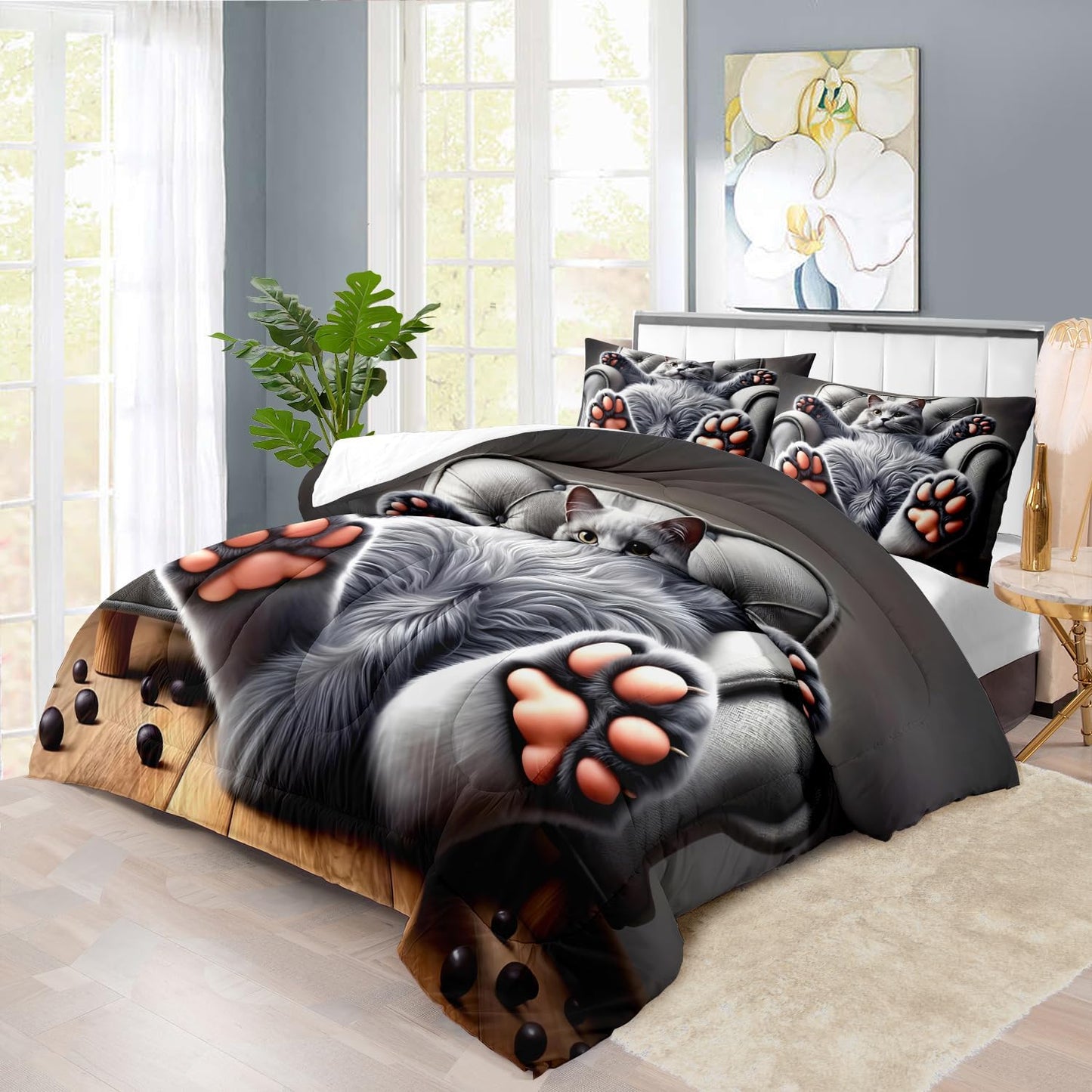 Cute Cat Comforter Set Twin,Grey Kawaii Cat Bedding Set Adult,Cute Animal Comforter for Boy,American Shorthair Bedding Grey,Kawaii Animal Print Quilt Bedroom Decor Kids