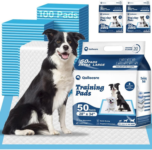 Quilocare 100 Count 28” x 34” XXL Puppy Pads, Super Absorbent Leakproof Extra Large Pee Pads for Dogs, Disposable Dog Training Pads