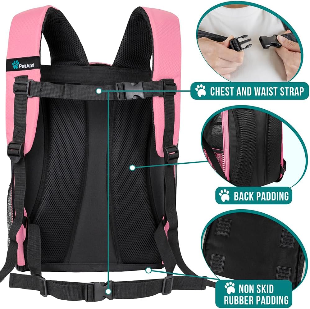 PetAmi Dog Backpack Carrier for Small Large Cat, Pet, Puppy, Ventilated Pet Hiking Backpack Travel Bag, Airline Approved Cat Backpack Carrier, Camping Biking Dog Bag Up to 18lbs Pet, Pink