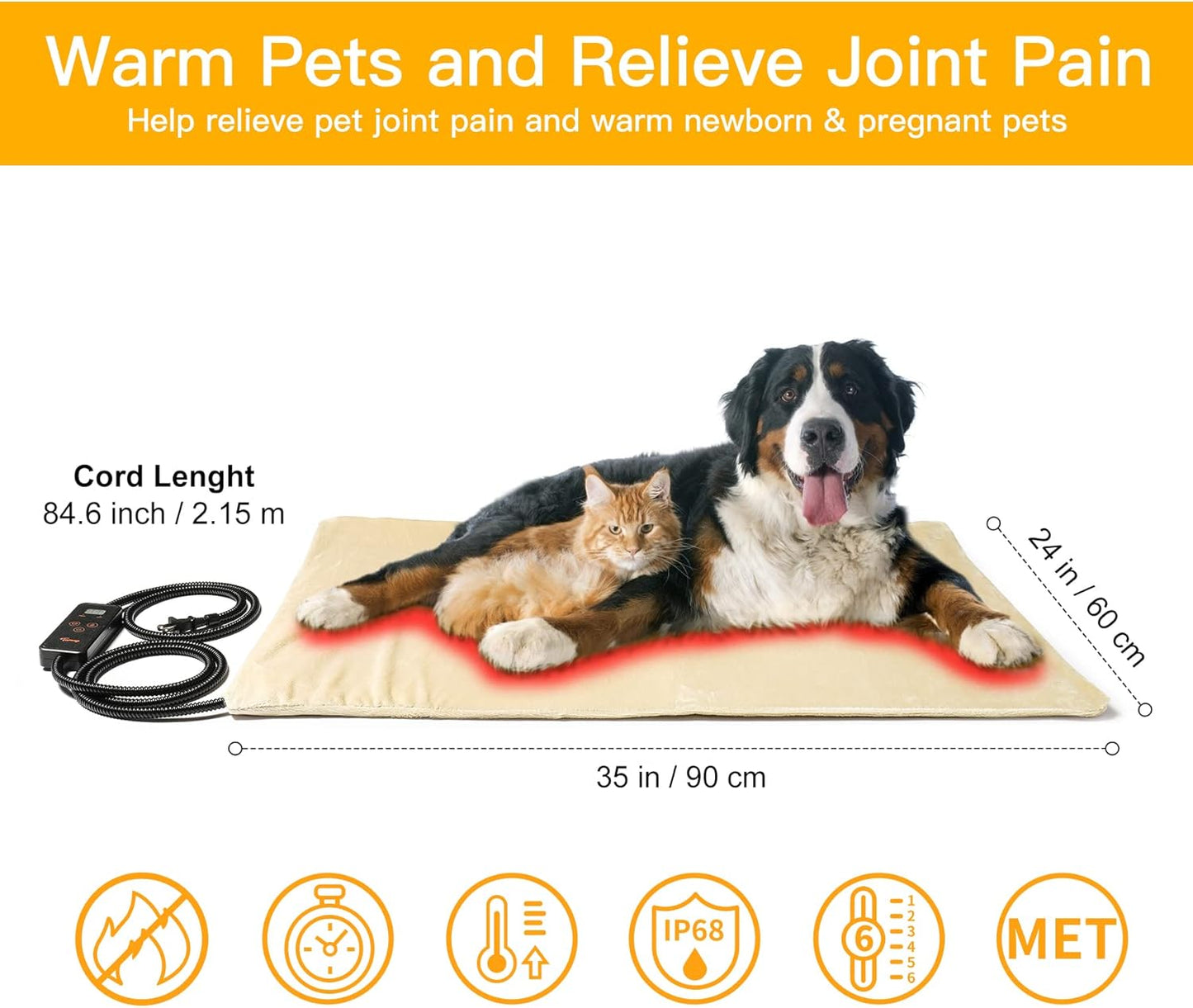 Toozey Large Pet Heating Pad, 6 Adjustable Temperature Heated Dog Bed with Timer, Waterproof Electric Heated Mat for Dogs and Cats, Chew Resistant Cord, Safe Indoor Use, 35x24in
