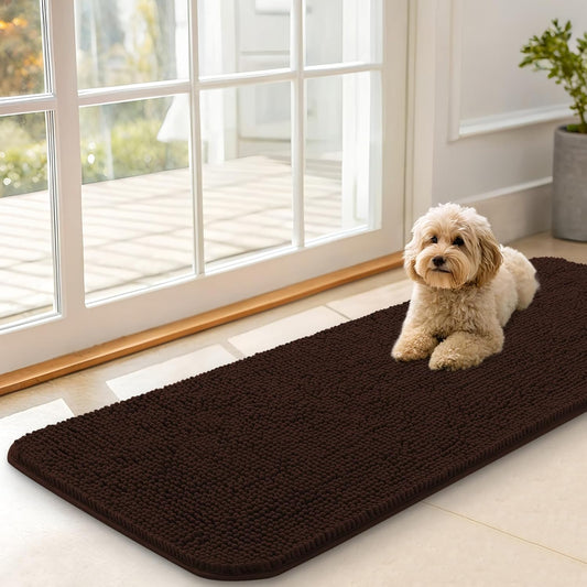 OLANLY Dog Door Mat for Muddy Paws 47x17, Absorbs Moisture and Dirt, Absorbent Non-Slip Washable Doormat, Quick Dry Chenille Mud Mat for Dogs, Entry Indoor Entryway Carpet for Inside Floor, Brown