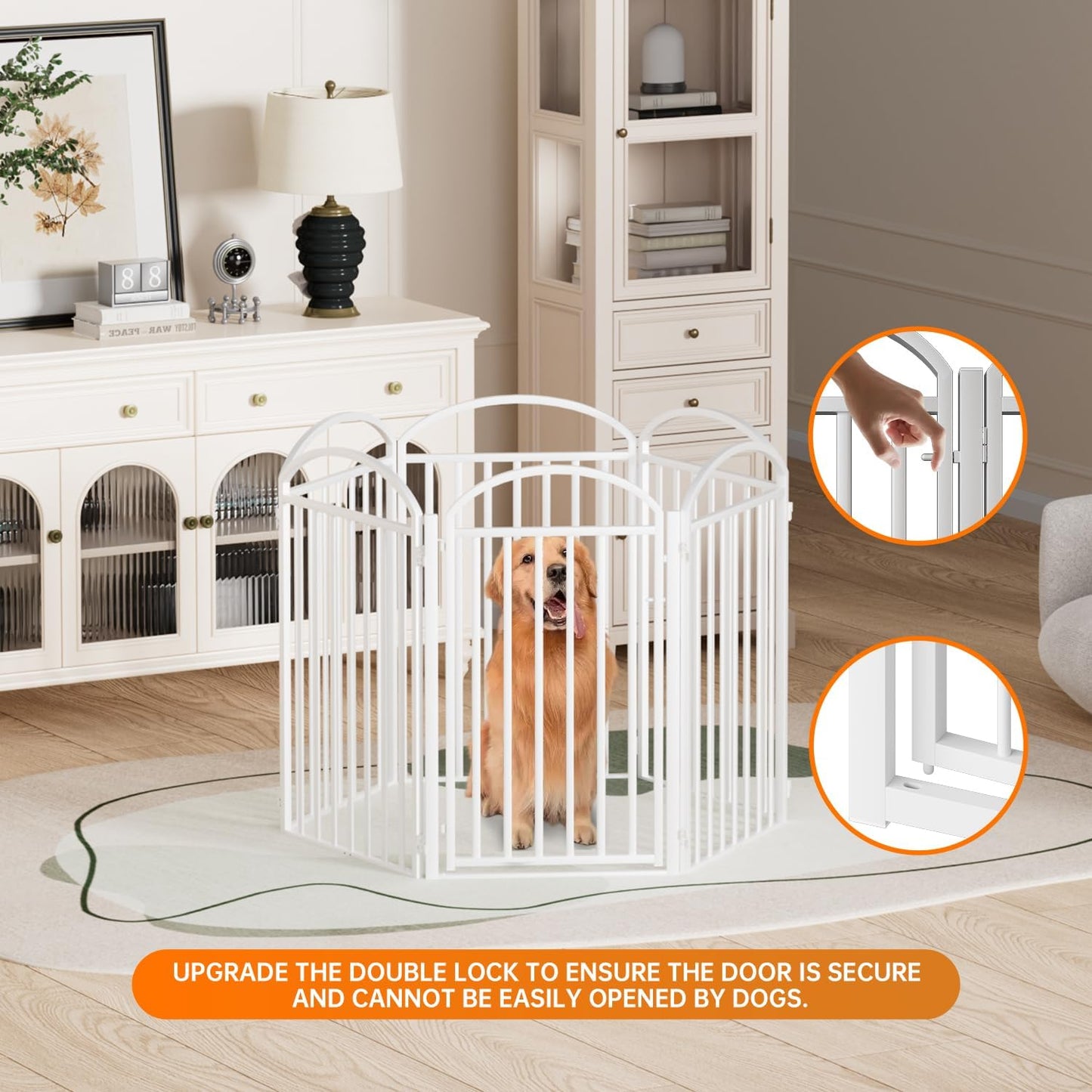 6 Panles Full Matel Freestanding Dog Gates with Door, 144"Extra Wide 36"Tall Free Standing Dog Pet Gate for Indoor & Outdoor. Foldable Pet Fences for Doorways, House, Stairs, Porch, Deck, Yard