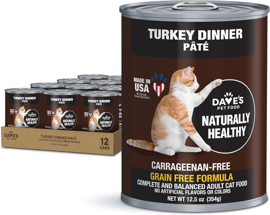 Dave's Pet Food Grain Free Wet Canned Cat Food (Turkey), Made in USA Naturally Healthy, Added Vitamins & Minerals, Gluten-Free, 12.5 oz Cans (12 Pack)