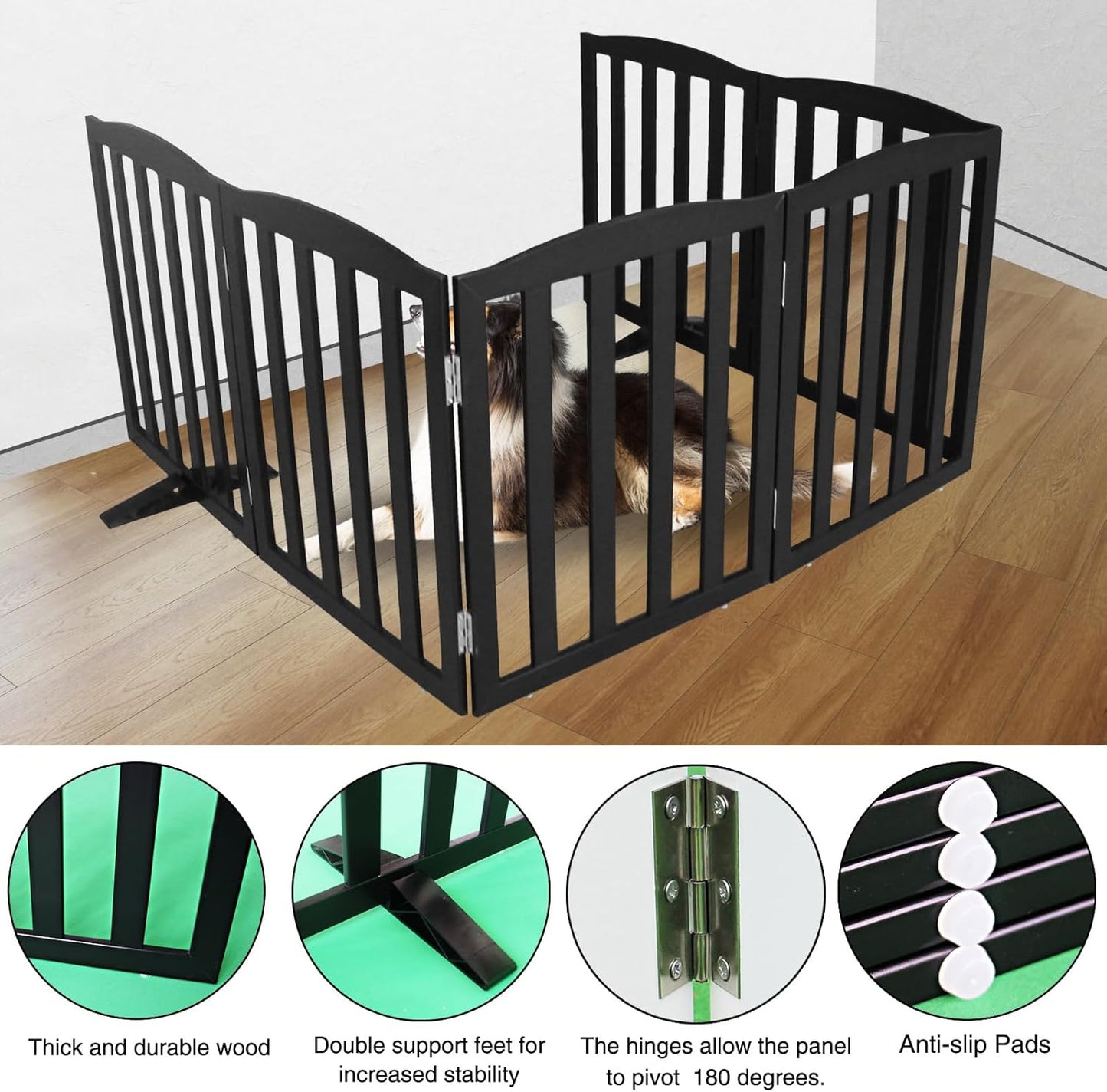 ZJSF Foldable Freestanding Indoor Dog Gate for House Wood Long Pet Gates Dog Fence for Stairs Puppy Gates for Hallways, Puppy Gate,Support Feet Included, Black, 32 "Height-6 Panels