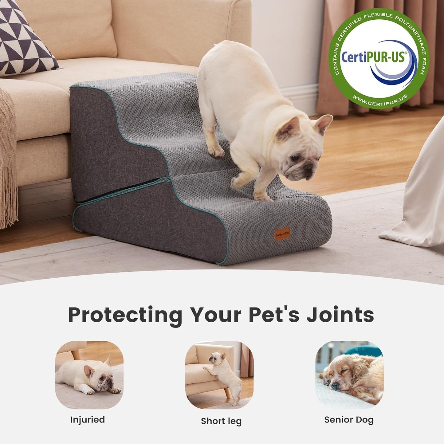 Gardner Pet Dog Stairs for Small Dogs 16.5" H, 2 in 1 Transformable 3-Step Pet Stairs and ramp, Dog Steps for Couch (13-20 in) with Durable Non-Slip Waterproof Cover and CertiPUR-US Certified Foam