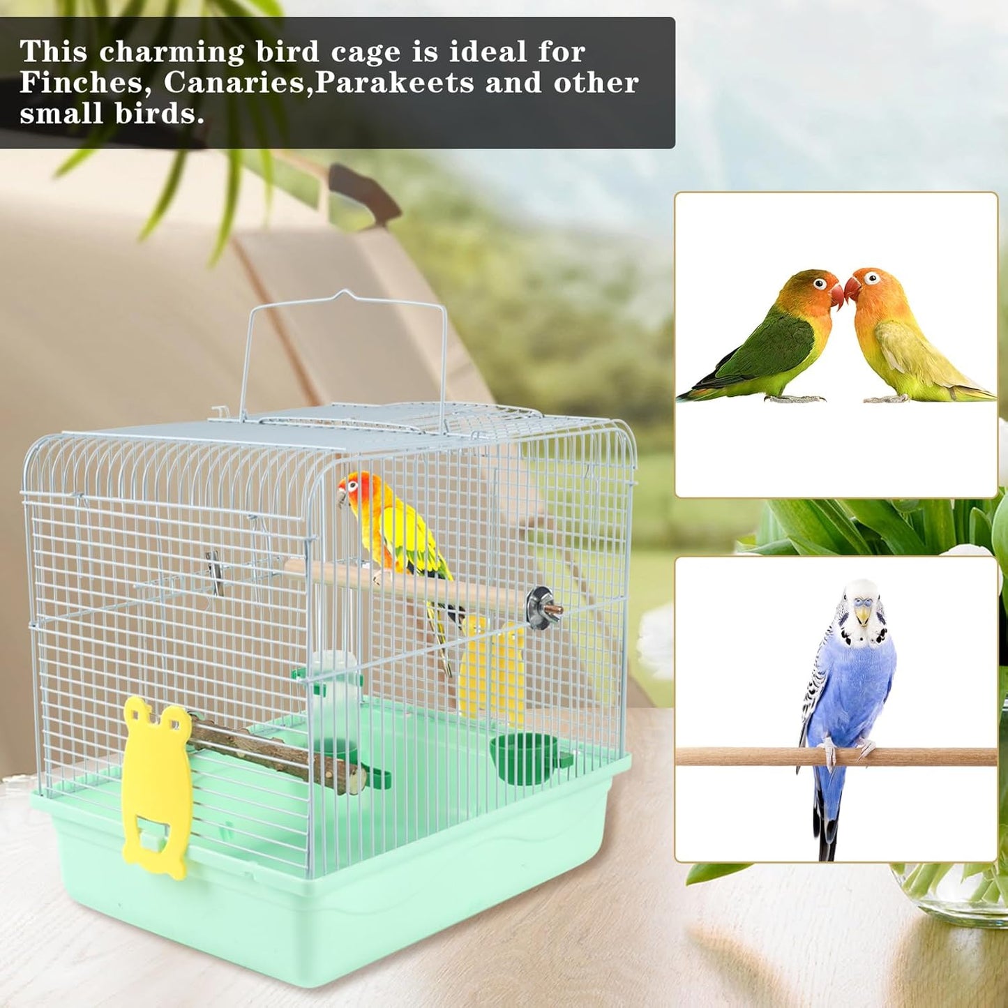 Portable Bird Cage for Small Birds - Green Bird Cage for Travel, Going Out, Walking to The Vet with Station Pole Food Box Water Fountain