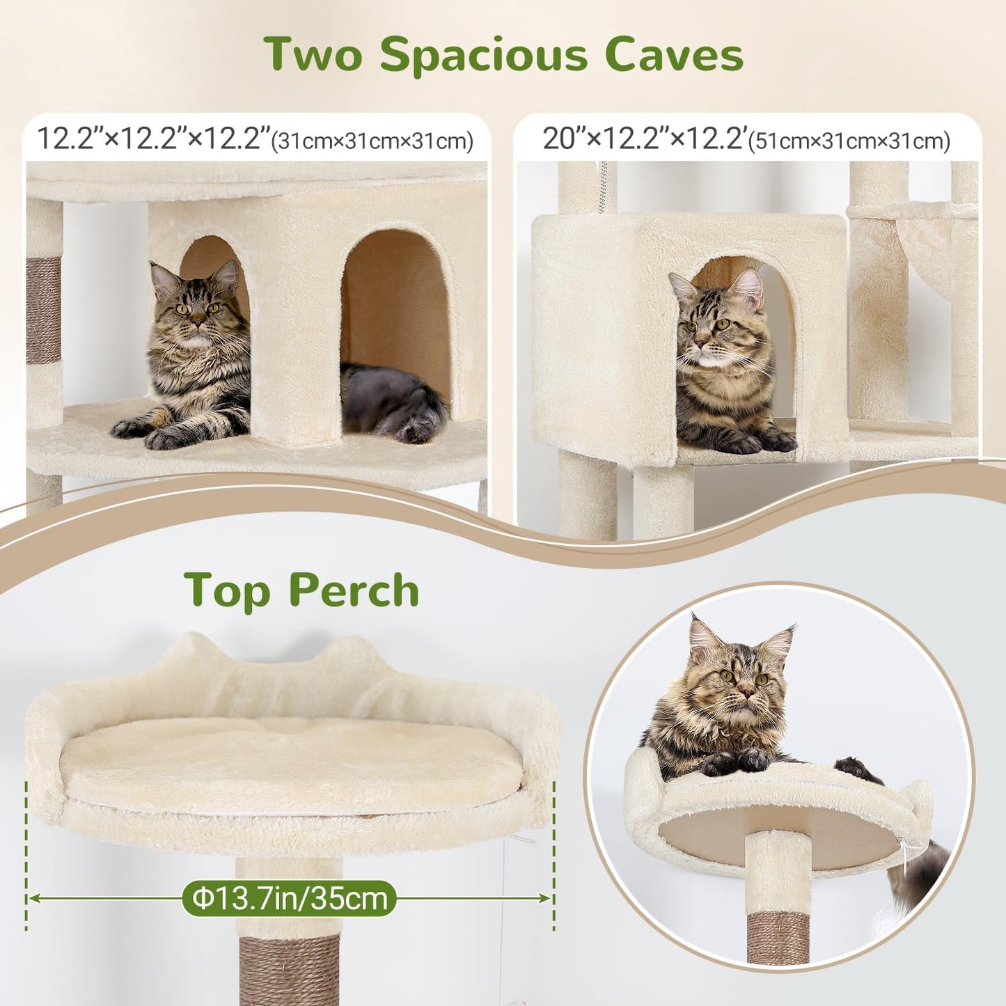 Globlazer Heavy Duty Cat Trees for Large Cats, Sturdy 72in Maine Coon Cat Tree for Large Cat 20 lbs+ Heavy Duty Cat Tower for Adult Biggest Cats with 6 Scratching Posts, Hammock, S72, Beige