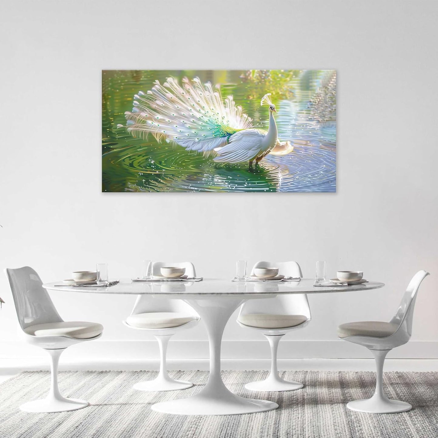 Large White Peacock Wall Art for Living Room Lake Colorful Peacock in Full Bloom Art Big Space Size Framed Bird Canvas Prints Pictures Painting Artwork Office Bedroom Home Decor 60"x30"