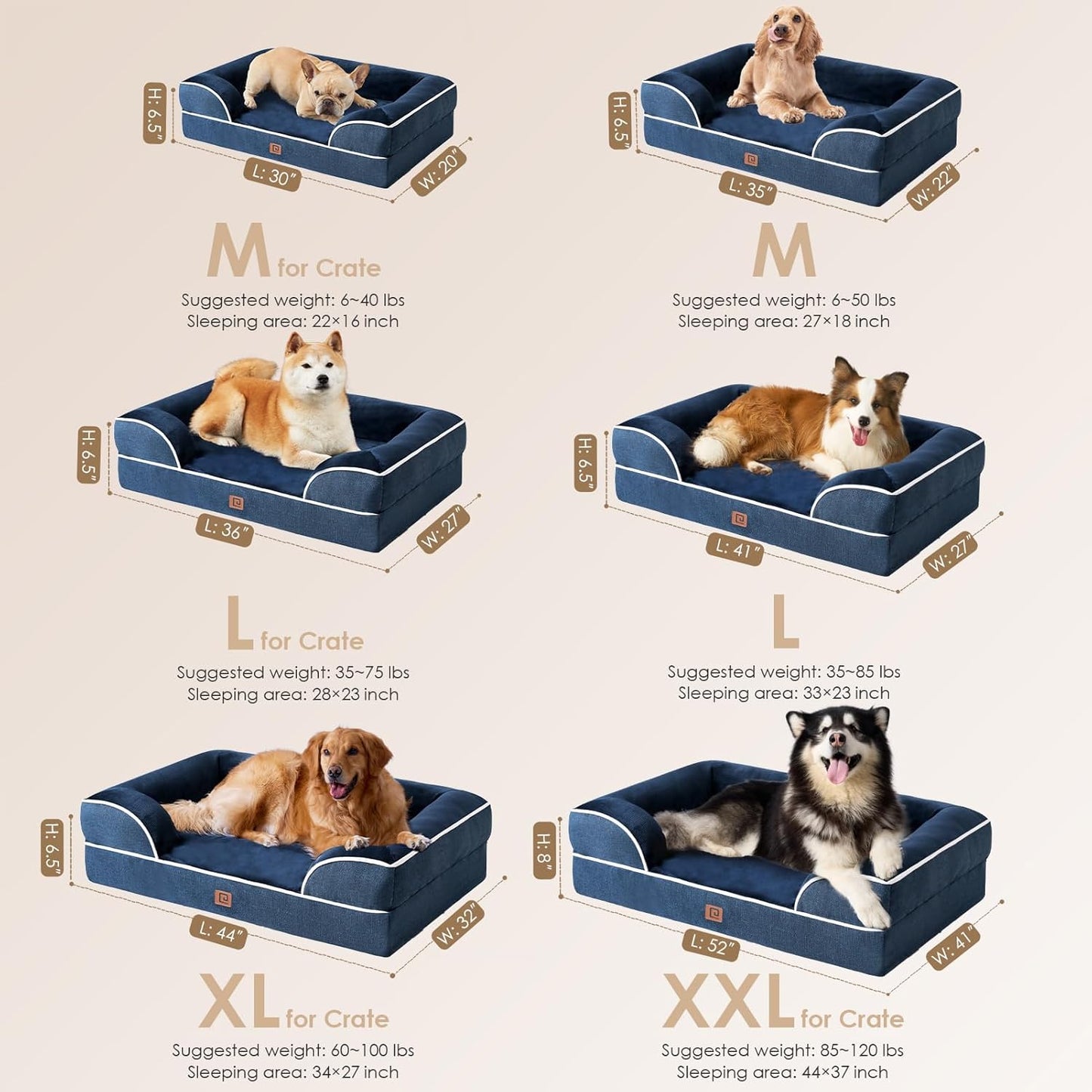 EHEYCIGA Orthopedic Dog Beds for Large Dogs, Waterproof Memory Foam Large Dog Bed with Sides, Non-Slip Bottom and Egg-Crate Foam Pet Couch Bed with Washable Removable Cover, Navy