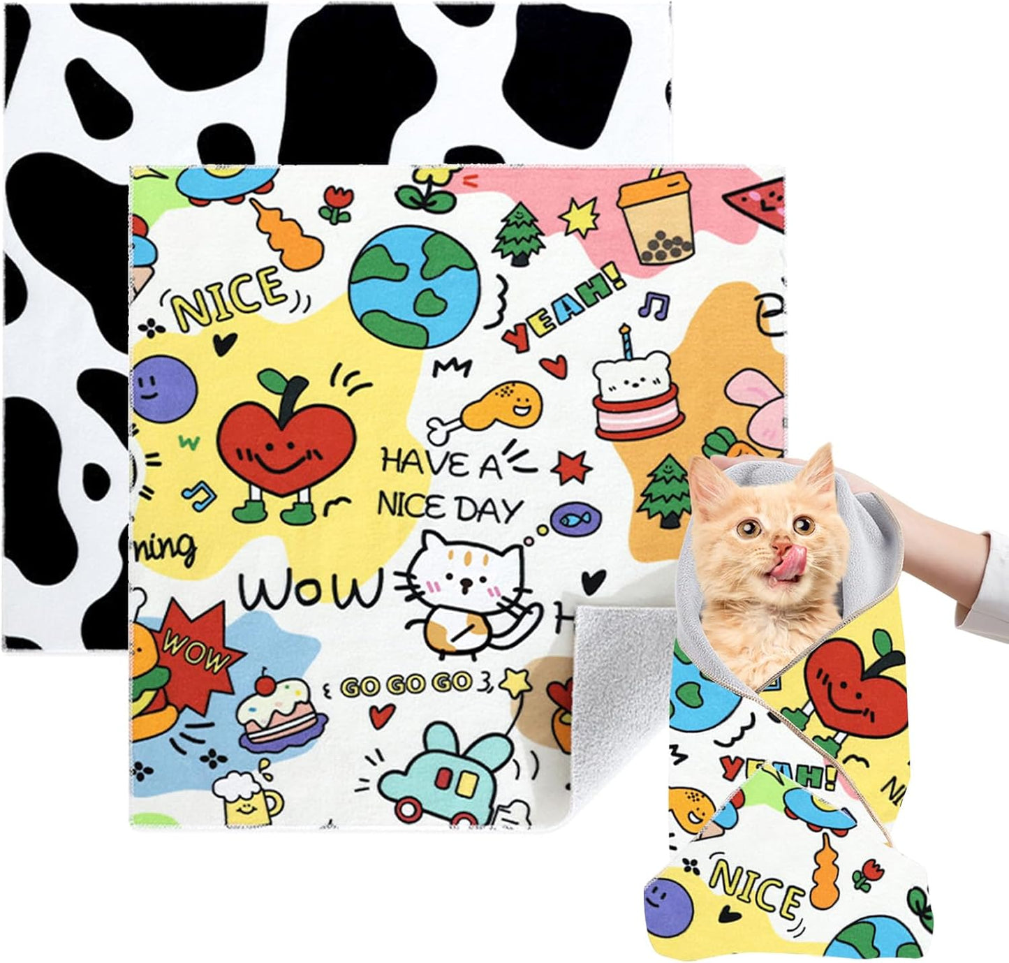 Cat Grooming Wrap, 2pcs [XL] Cat Restraint Wrap for Nail Clipping, Ear Cleaning, and Teeth Brushing, Self-Adherent, Anti-Bite, Anti-Scratch, Anti Scratch, Cow White+Colorful Graffiti