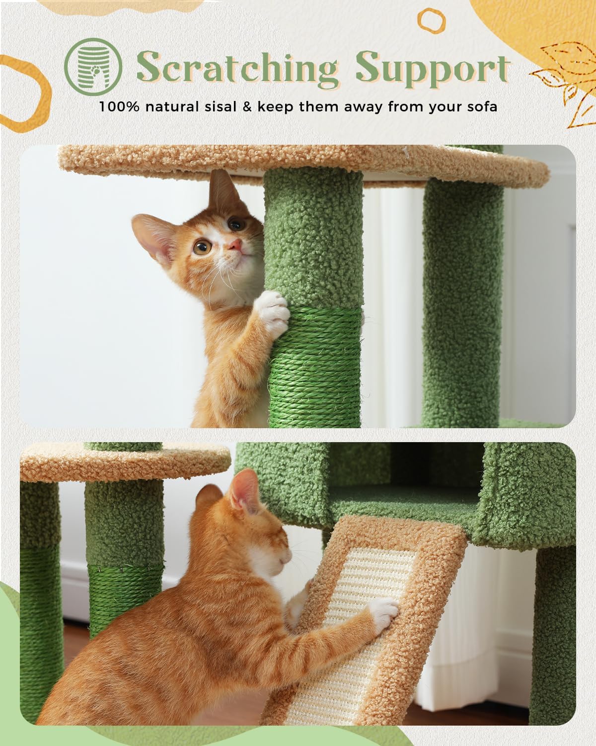 PEQULTI 53'' Cat Tree for Indoor Cats, Large Condo, Sisal Scratching Posts, Hammock & Perch, Fresh Cactus Design, Sturdy, Multi-Level
