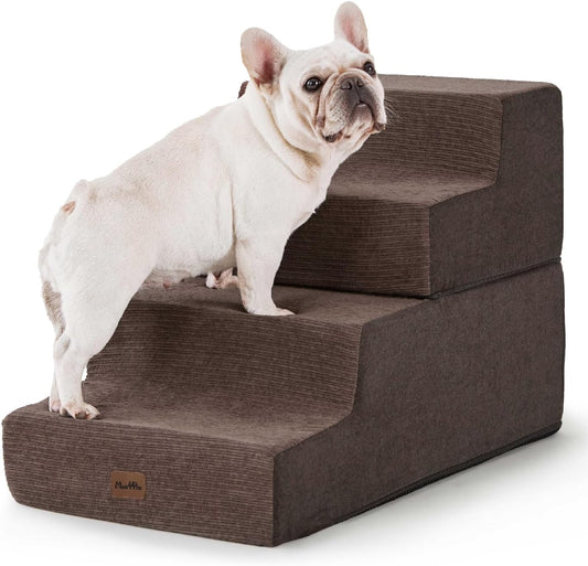 Made4Pets Dog Steps for Bed, Extra Wide Dog Stairs for High Bed Couch Sofa, 35D Foam Pet Steps for Small Dogs and Cats, Non-Slip Bottom Pet Stairs, Brown, 4 Steps