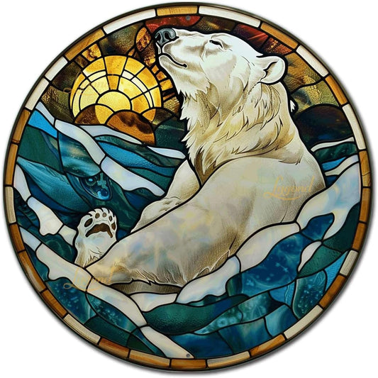 Lygond Metal Polar Bear Toilet Decor - Circular Stained Glass Tin Sign, 1212 Inches