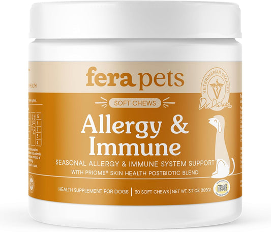 Fera Pets Dog Allergy and Immune Support with Organic Mushrooms, Postbiotics & Colostrum - Promotes Skin & Gut Health - Soothes Seasonal Allergy Symptoms - 30 Soft Chews