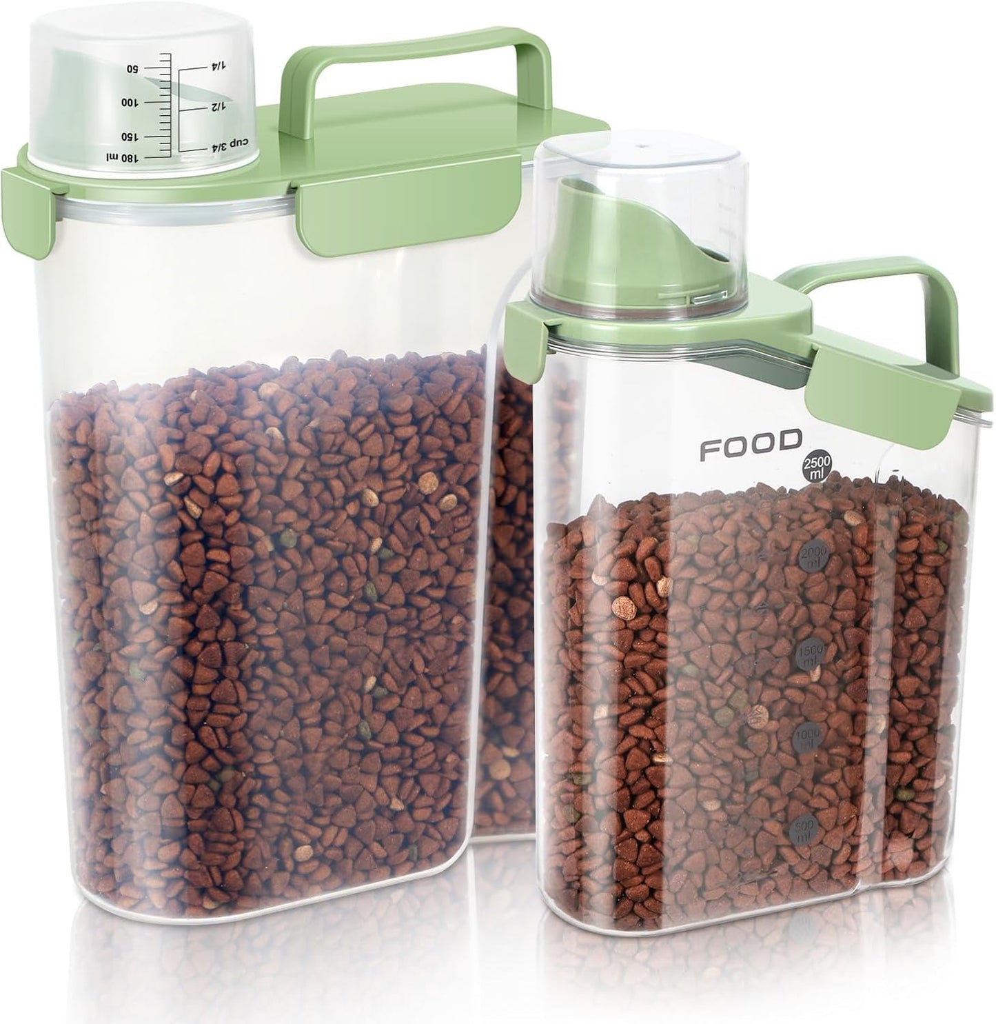 8-12 LBS Cat Dog Pet Food Storage Container, Plastic Dispenser Upgraded Large Nozzle, BPA-free, With Sealed Clasps, Measuring Cup and Handle, Easy to Clean and Carry -2 Packs Leaf Green