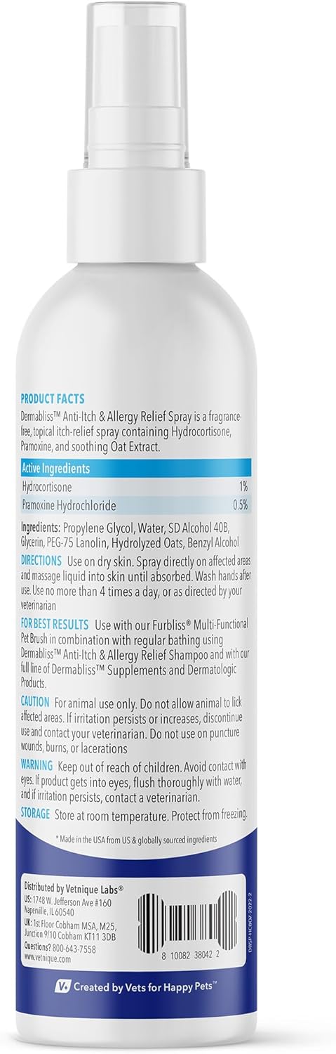 Vetnique Dermabliss Anti Itch Spray for Dogs & Cats with Hydrocortisone for Allergies and Immediate Dog Itching Skin Relief - Fragrance Free with Soothing Oat Extract (8oz)