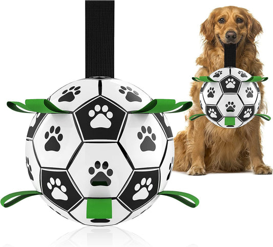 QDAN Dog Toys, Soccer Ball with Straps, World Cup Interactive Toys for Tug of War, Puppy Birthday Gifts, Water Toy, Durable Dog Balls for Medium Large (8 Inch)