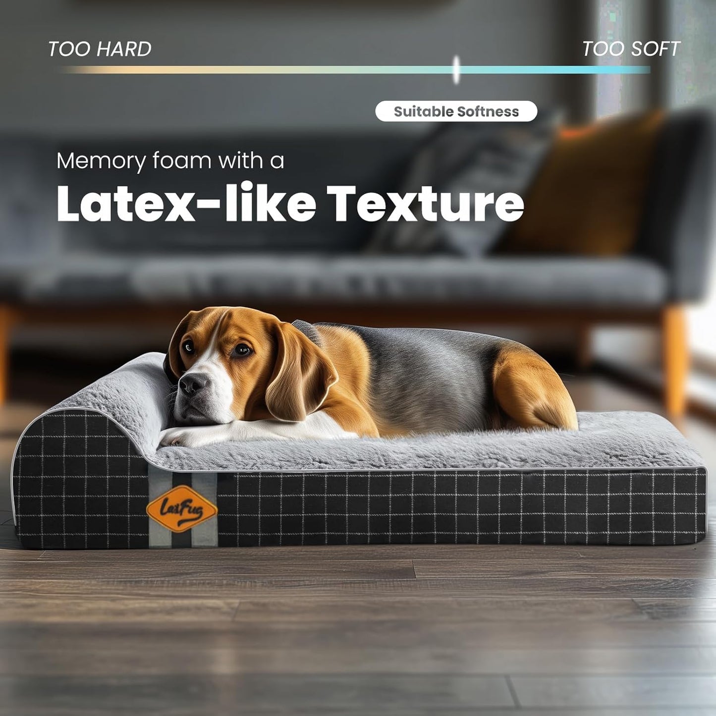 Laifug Orthopedic Memory Foam Dog Bed with Durable Water Proof Liner and Removable Washable Cover (Large (40"x25"x5.5"), Black Grid Gray)