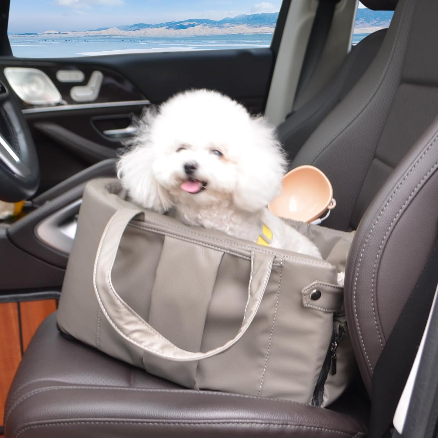 2 and 1 Center Console Dog Car Seat & Carrier for Small Dogs, Large Leather Dog Car Bed with Storage Pocket, Waterproof PVC Leather Seat Travel Bed for Front & Back Seat, Clip-On Safety Leash