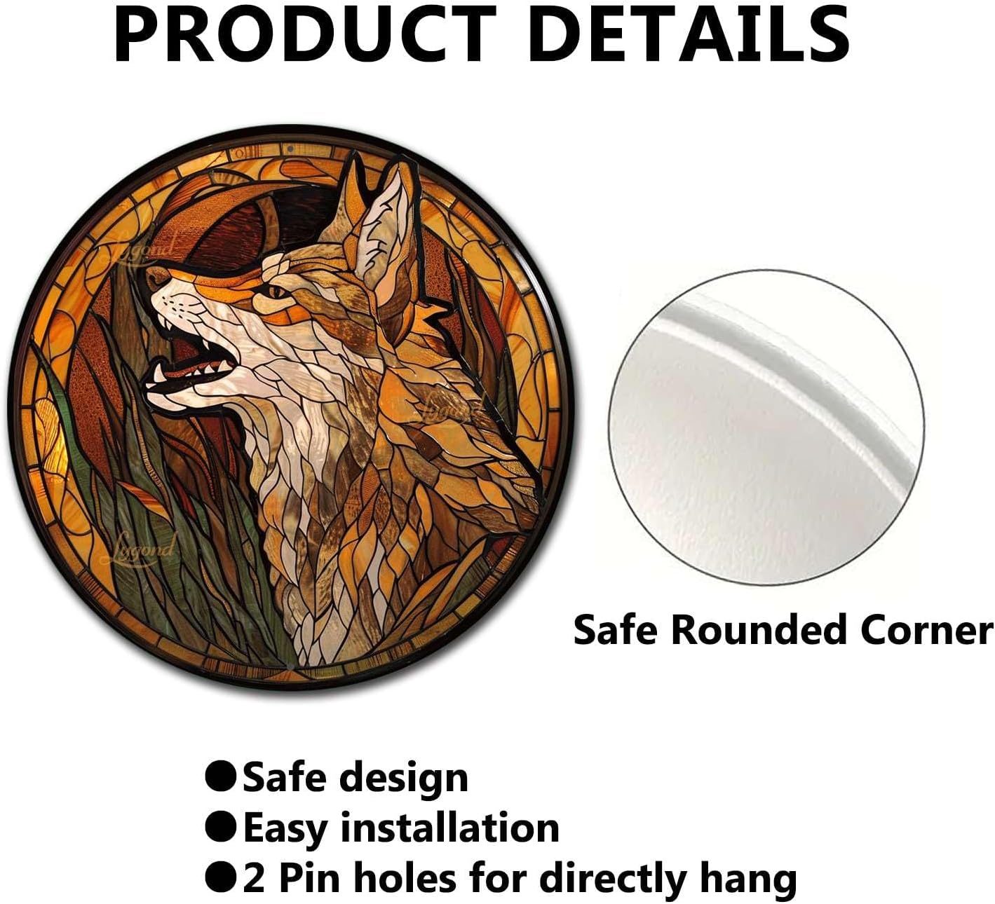 Lygond Metal Sign Tin Sign Circular Stained Glass Coyote Signs for Garden for Pub 12×12 Inches