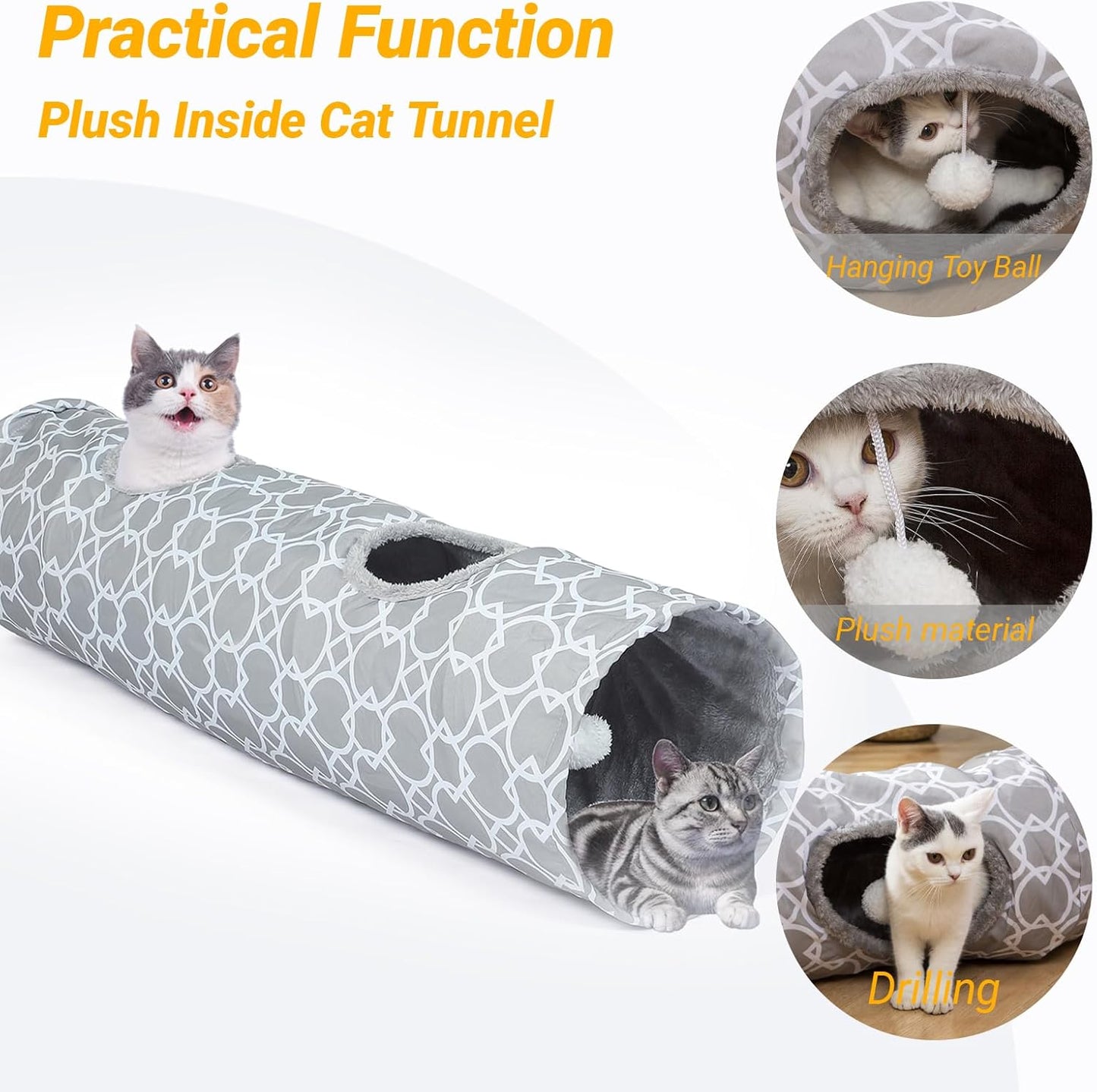 LUCKITTY Geometric Straight Cat Tunnel with Plush Inside,Cats Toys Collapsible Tunnel Tube with Balls, for Rabbits, Kittens, Ferrets,Puppy,Diameter 11.8 Inch
