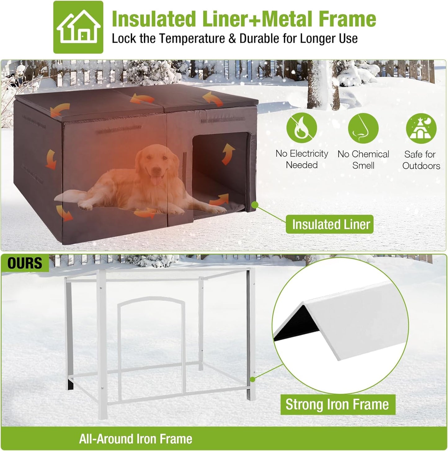GUTINNEEN Dog House Insulated Outdoor Dog Kennel with Liner for Winter Large(Grey and White)