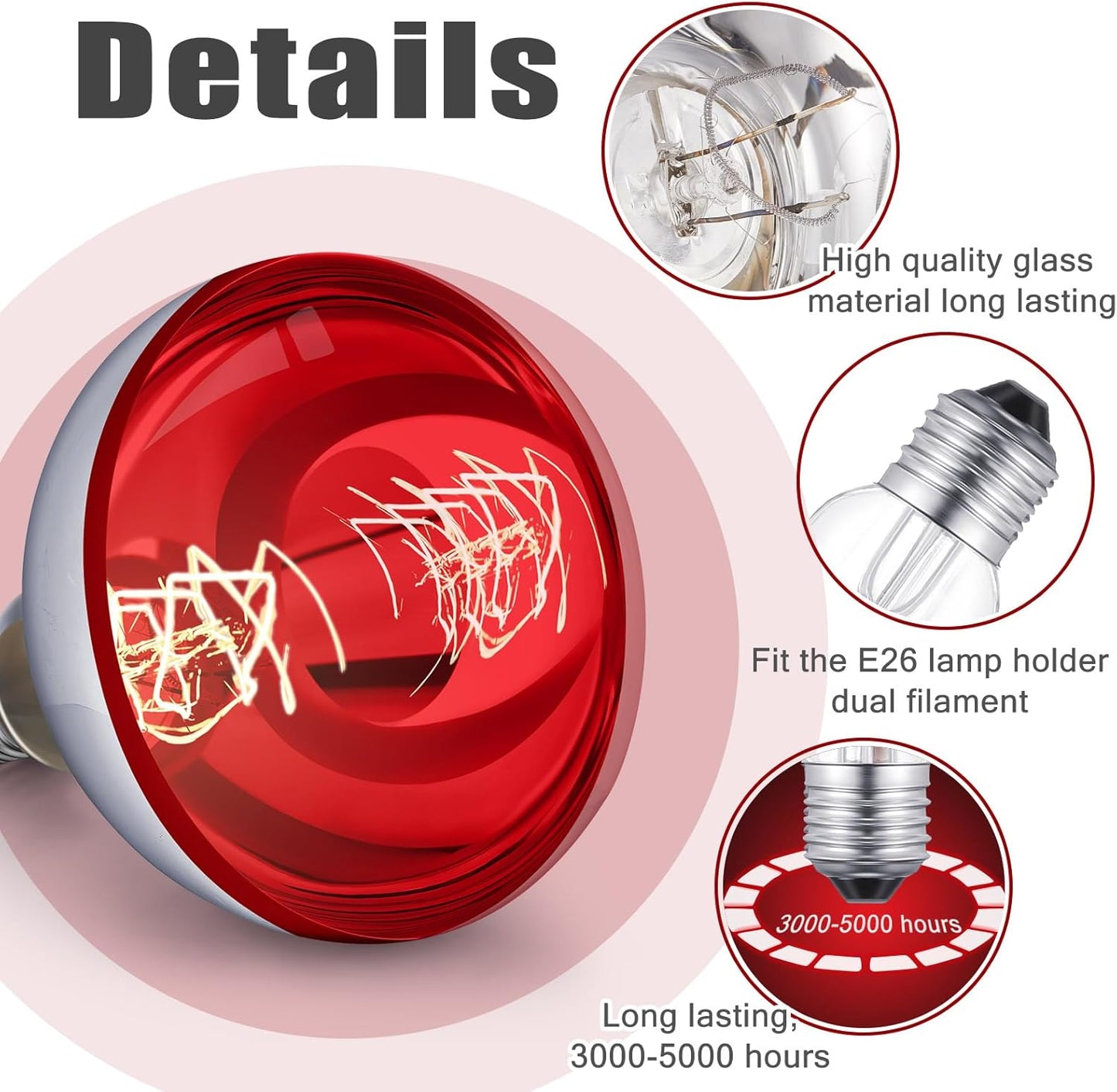 VIHOSE 2 Pack 250 Watt Heat Lamp 120v R40 Heat Lamp Bulbs Glass Incandescent Light Bulbs Incandescent Heating Lightbulbs for Reptiles Chicks Food Puppies Bathroom, Use E26 Base (Red)