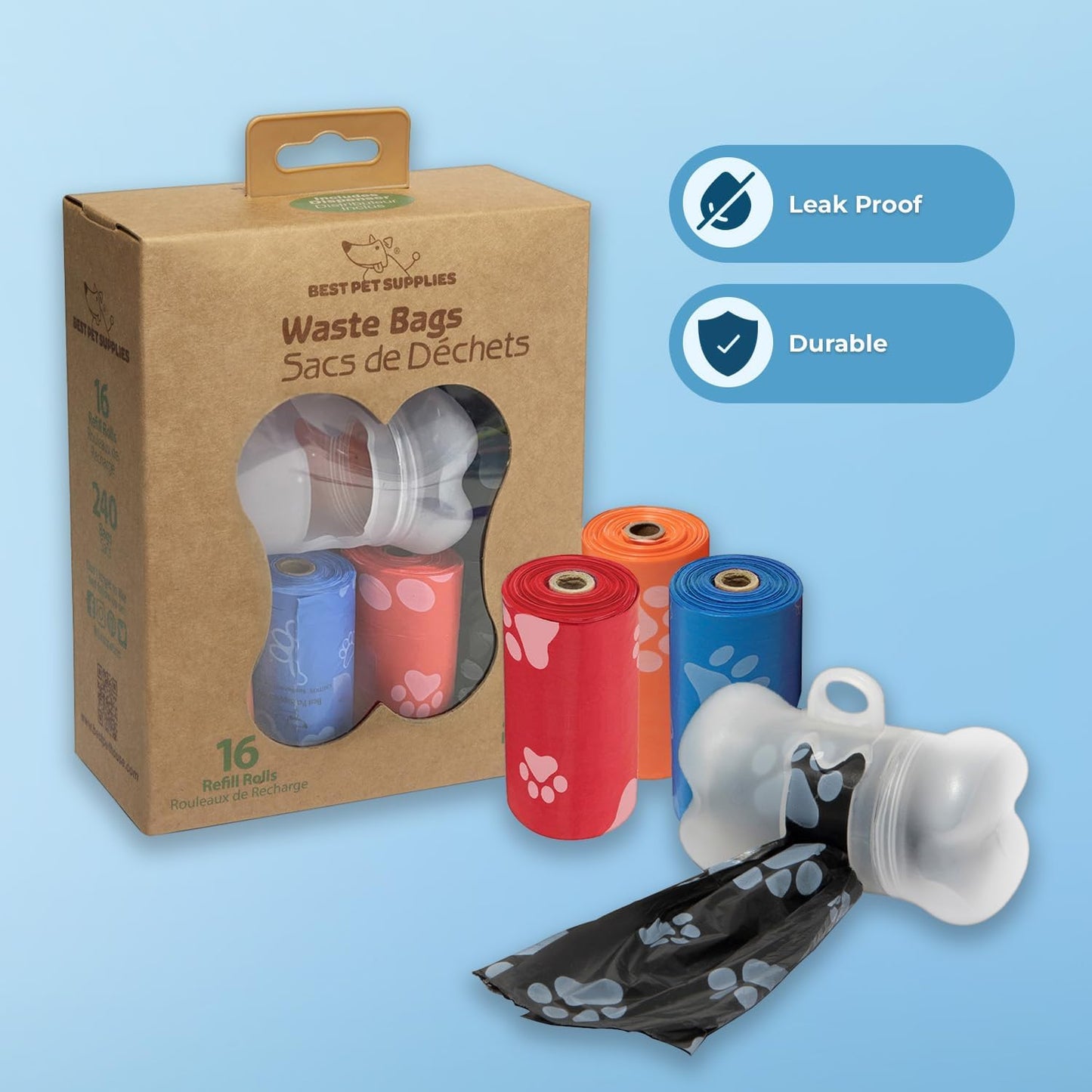 Best Pet Supplies Dog Poop Bags (240 Bags) for Waste Refuse Cleanup, Doggy Roll Replacements for Outdoor Puppy Walking and Travel, Leak Proof and Tear Resistant, Thick Plastic - Assorted Colors