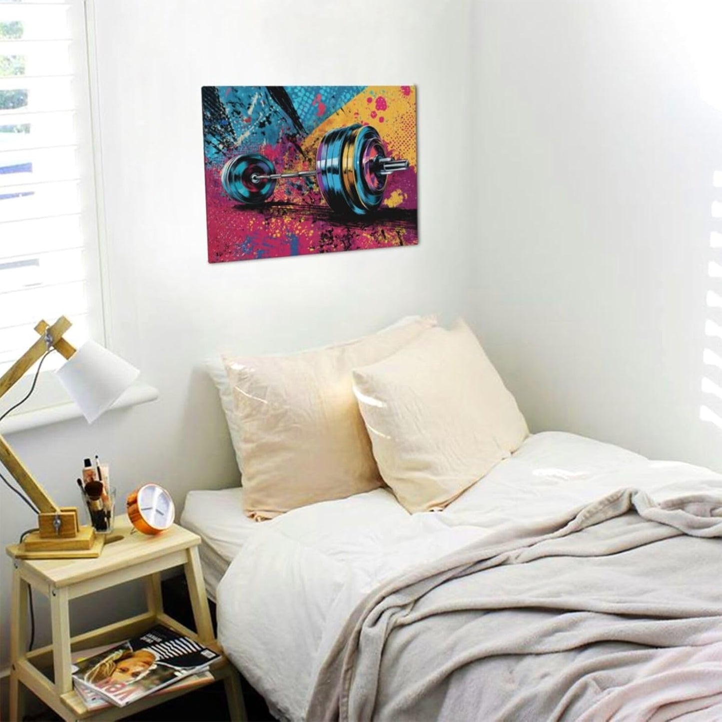 Gym Wall Art Weightlifting Fitness Canvas Wall Decor Barbell Sports Training Pictures Painting Banksy Street Graffiti Print Artwork Framed Decorations Gifts for Sports Lovers Gym Living Room Bedroom 12"x16"