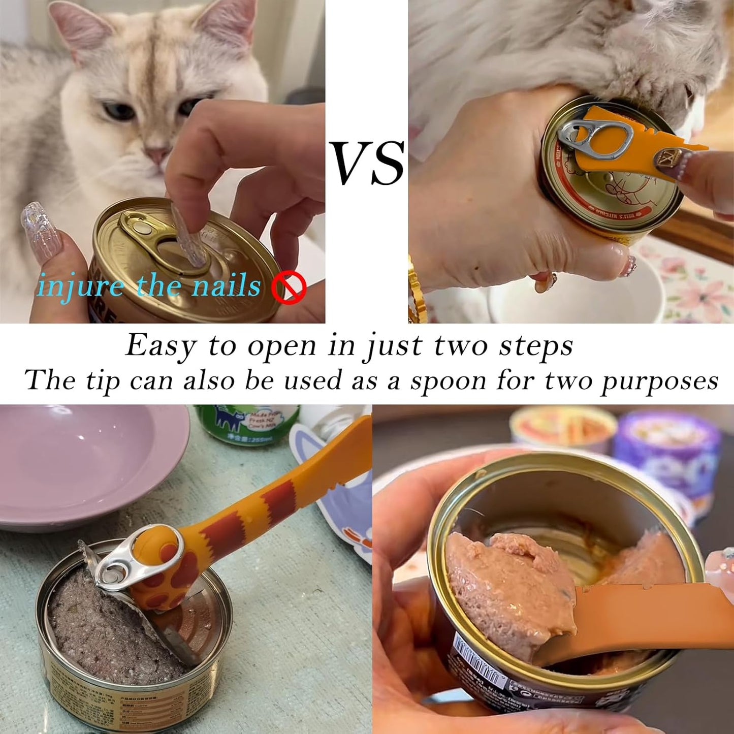 Food Can Spoon & Lids, One Multi-Functional Opener Spatula, 4 PCS BPA Free Silicone Universal Can Covers, Cute Paw Shape Spoon for Cat Dog Wet Food (Orange)