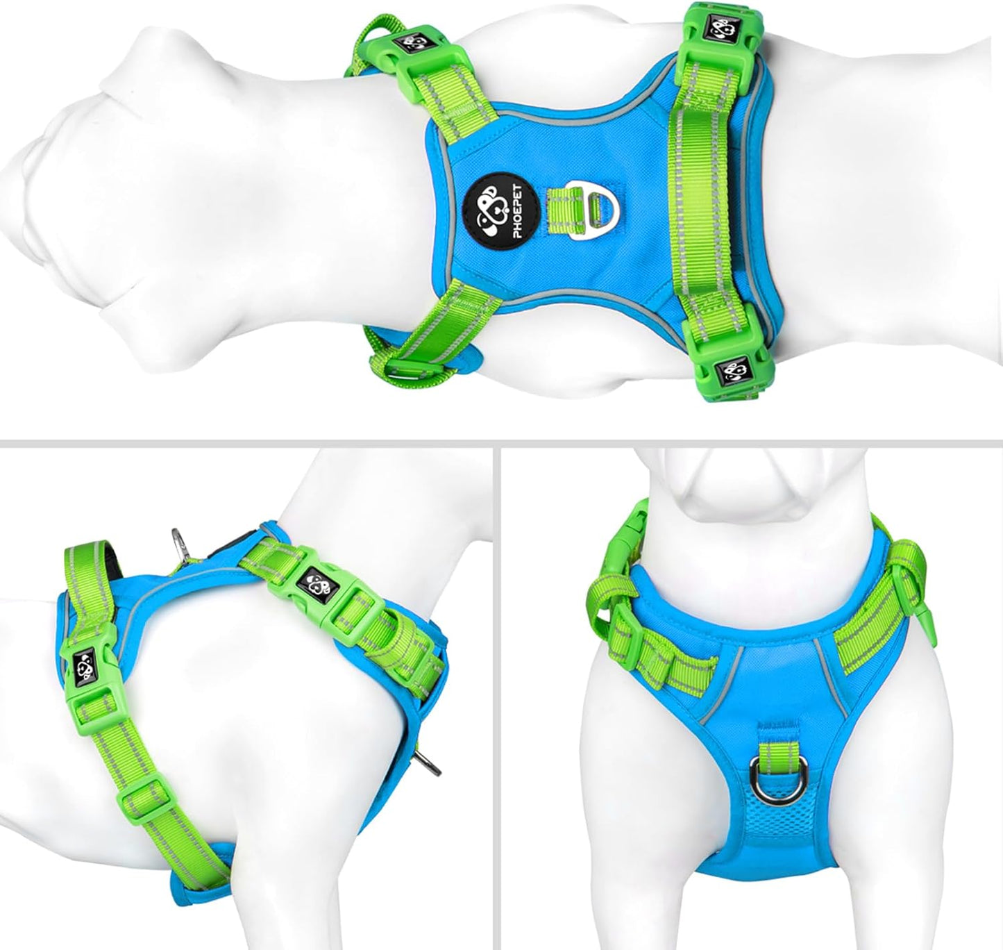 PHOEPET No Pull Dog Harness, Unique Colors Reflective Adjustable Dog Vest, with Soft Training Handle Metal Clips for Small Medium Large Dogs (Blue Base & Green Straps,S)