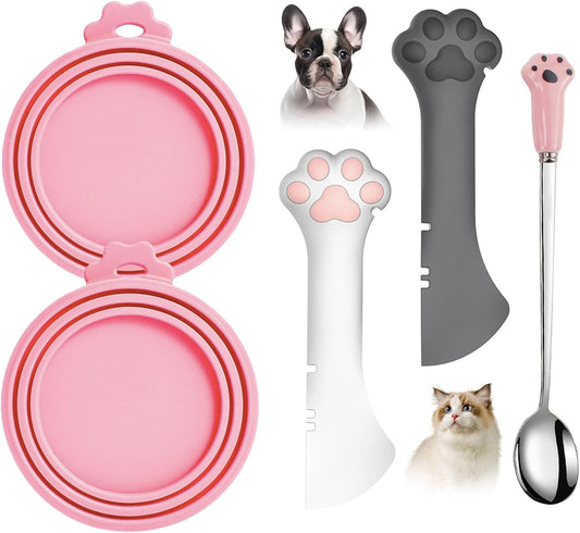 Comtim 5 PCS Pet Food Can Lids & Spoons Set - Silicone Dog Cat Covers With Multi-Function Spatula Opener for Wet Food - Long Handle Easy to Scoop