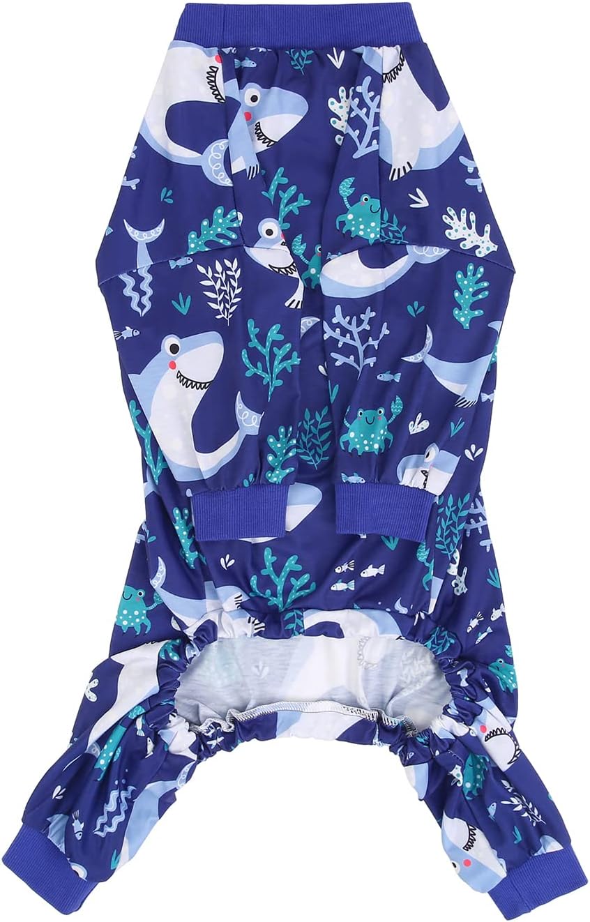 HDE Dog Pajamas One Piece Jammies Jumpsuit Pet Clothes Outfit Stretchy Lightweight Comfy Shirt Pjs for M-3XL Dogs Sharks - 3XL